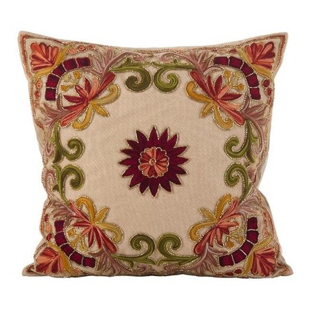SARO LIFESTYLE SARO AN02.M18S 18 in. Square Embroidered Floral Design Beaded Cotton Poly Filled Throw Pillow  Multi Color AN02.M18S